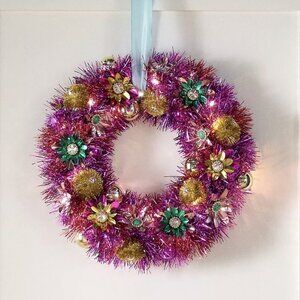 New - Anthropologie Tinsel Flower Wreath Battery Operated Lights